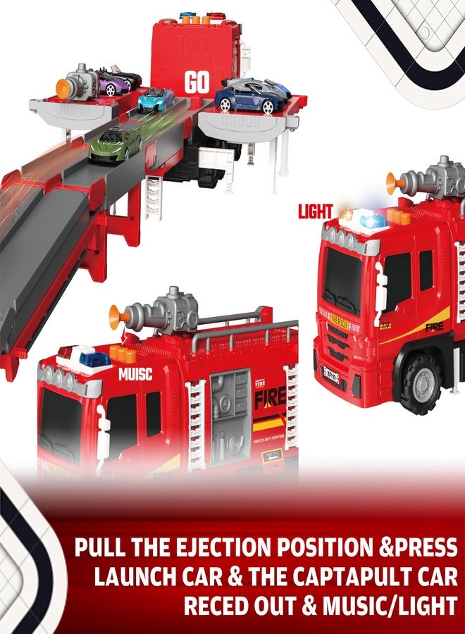 BuddyBight 3in1 Fire Trucks Toys for Toddlers Ages 3-5, Carrier Toy Truck & Foldable Race Track, 12 Die Cast Cars Firetruck Toys for Toddlers 1-3 3-5 w/Light & Sound, Kids' Play Cars & Race Cars for Boys Girls - Image 3